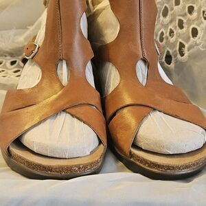 Dansko Women's Tan Leather Cutout Sandals with Buckle Detail